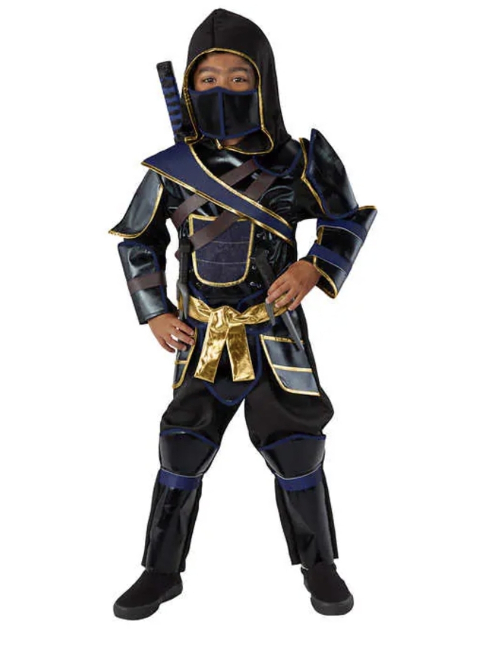 Children's Black and Gold Ninja Warrior Costume with Hood and Mask